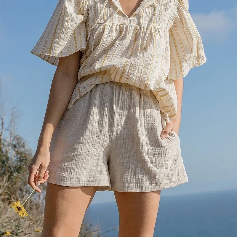 Casual Newly 100% Cotton Gauze Muslin Women'S Summer Shorts Elastic High Waist Wide Leg Sport Beach Shorts With Pockets 2025